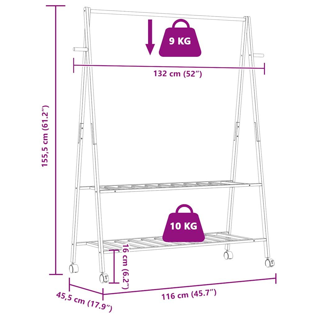 Kledingrek met schappen en wielen 132x45,5x155,5 cm bamboe - AllerleiShop