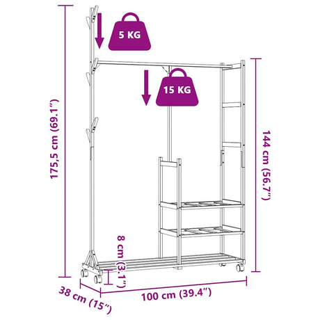 Kledingrek met schappen en wielen 100x38x175,5 cm bamboe - AllerleiShop