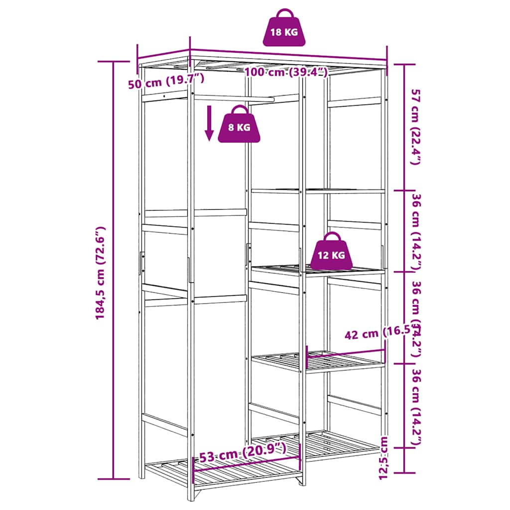 Kledingrek met schappen 100x50x184,5 cm bamboe