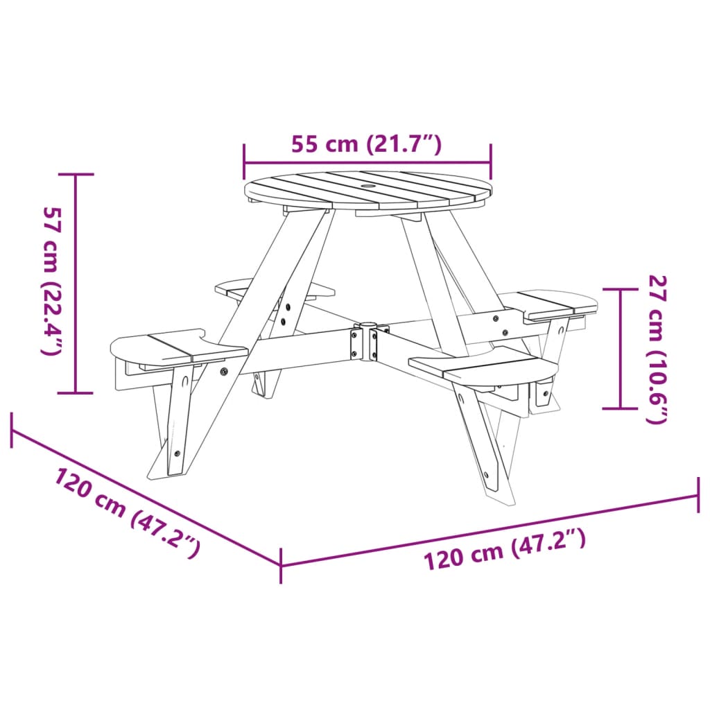 Picknicktafel voor 4 kinderen met parasolgat rond vurenhout - AllerleiShop