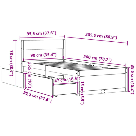 Bedframe zonder matras massief grenenhout wit 90x200 cm
