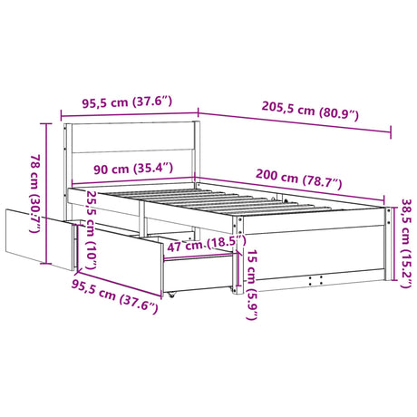 Bedframe zonder matras massief grenenhout wasbruin 90x200 cm