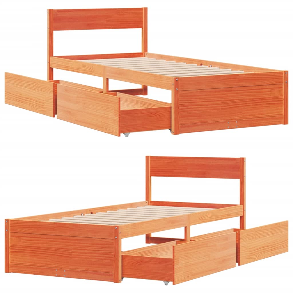 Bedframe zonder matras massief grenenhout wasbruin 90x190 cm