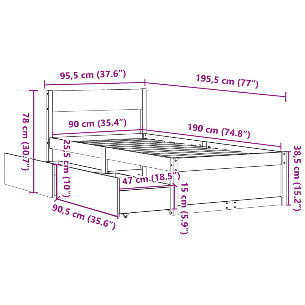 Bedframe zonder matras massief grenenhout wasbruin 90x190 cm