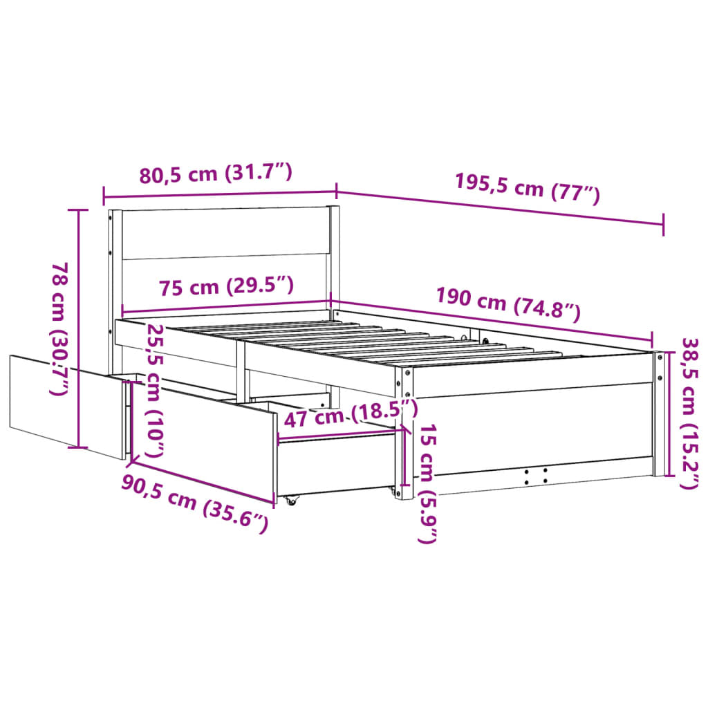 Bedframe zonder matras massief grenenhout 75x190 cm - AllerleiShop