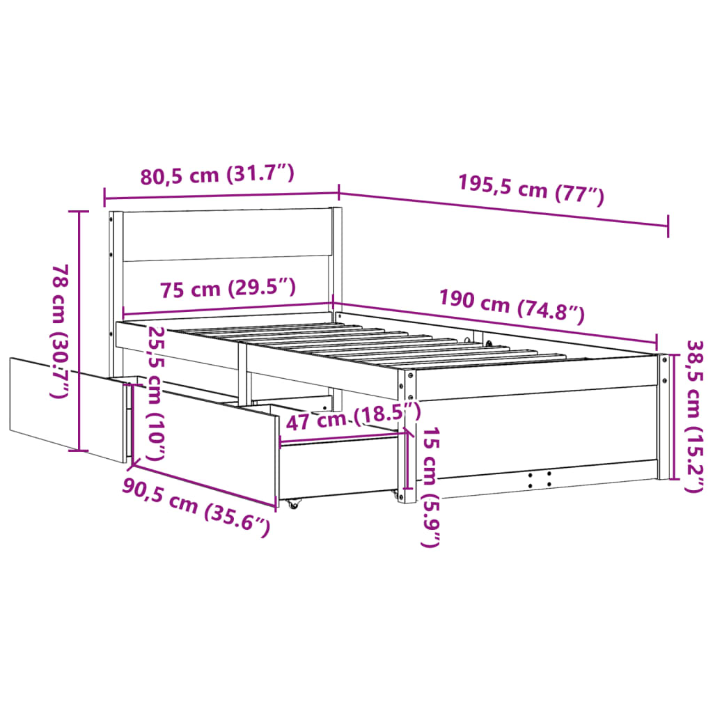 Bedframe zonder matras massief grenenhout wit 75x190 cm - AllerleiShop