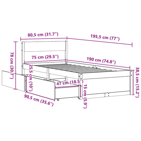 Bedframe zonder matras massief grenenhout wit 75x190 cm