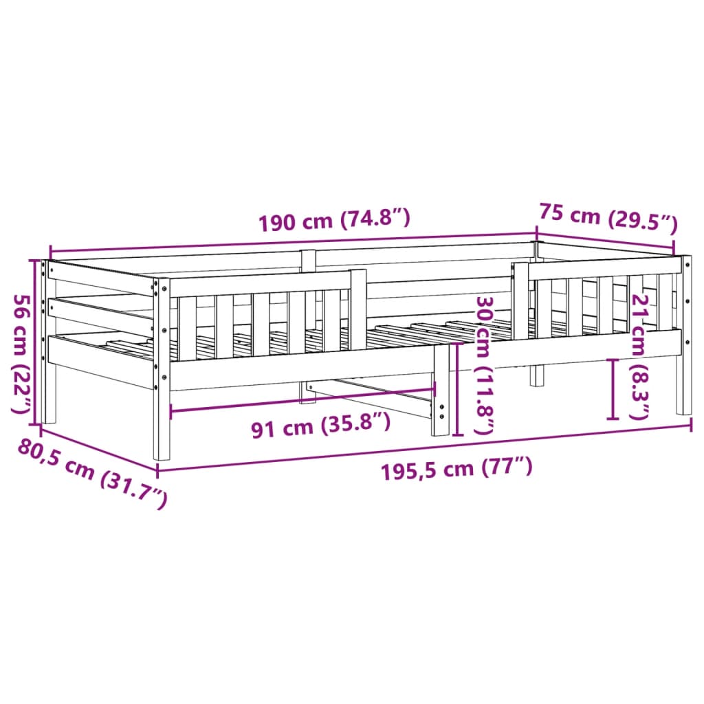 Bedframe zonder matras massief grenenhout wit 75x190 cm