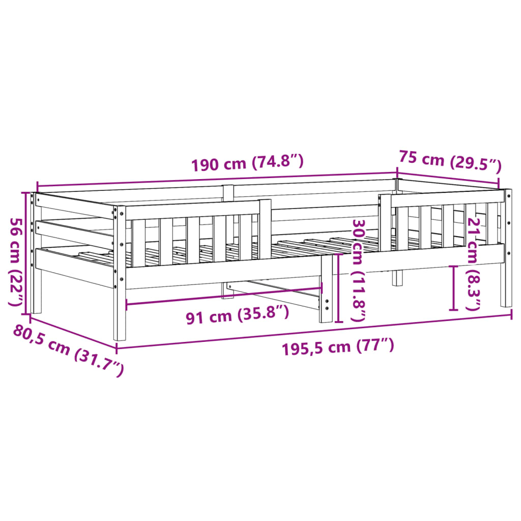 Bedframe zonder matras massief grenenhout wasbruin 75x190 cm