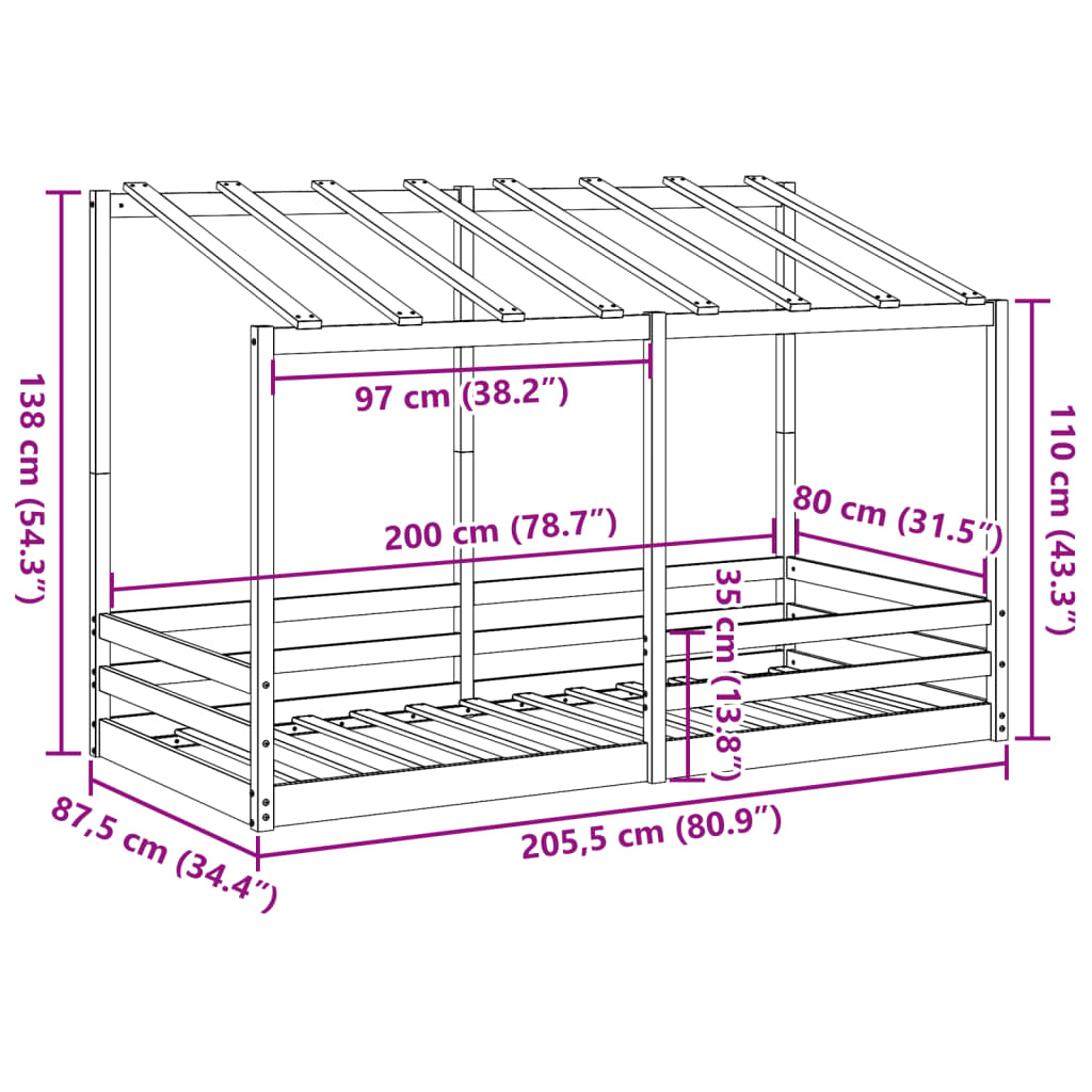 Kinderbed met bedhuis 80x200 cm massief grenenhout