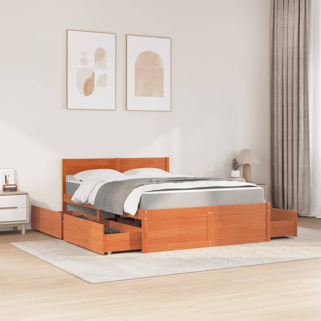 Bed met lades en matras massief grenenhout wasbruin 120x190 cm