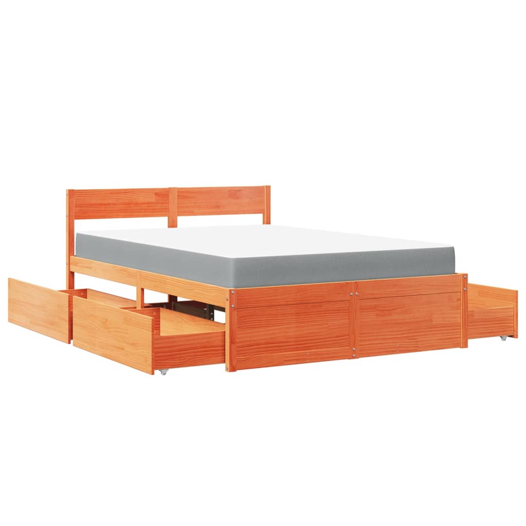 Bed met lades en matras massief grenenhout wasbruin 120x190 cm
