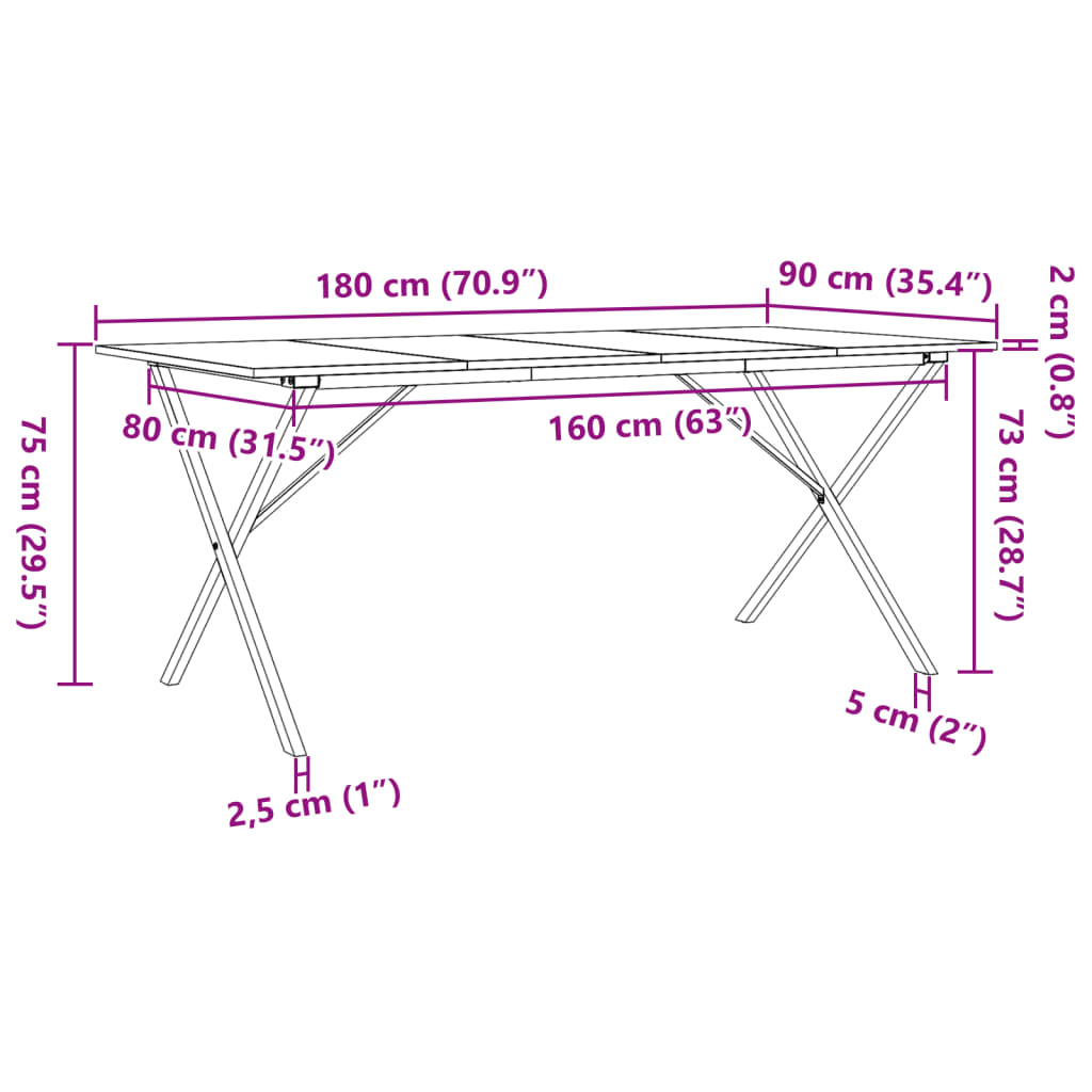 Eettafel X-frame 180x90x75 cm massief grenenhout en gietijzer - AllerleiShop