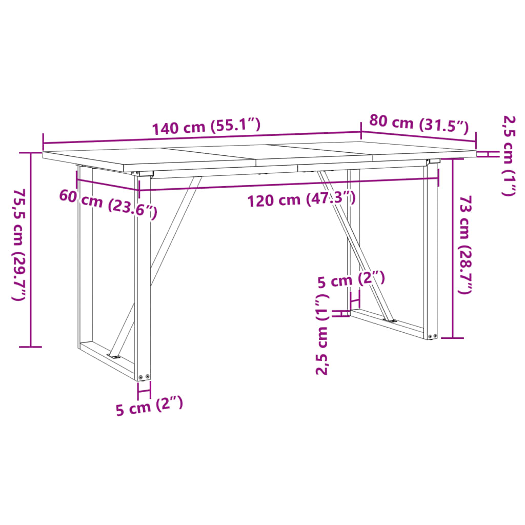 Eettafel O-frame 140x80x75,5 cm massief grenenhout en gietijzer - AllerleiShop