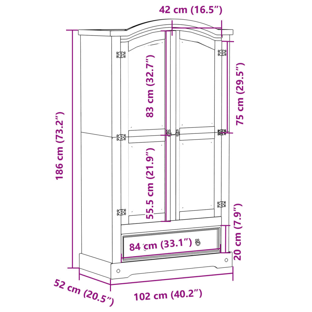 Kledingkast Corona 102x52x186 cm massief grenenhout - AllerleiShop