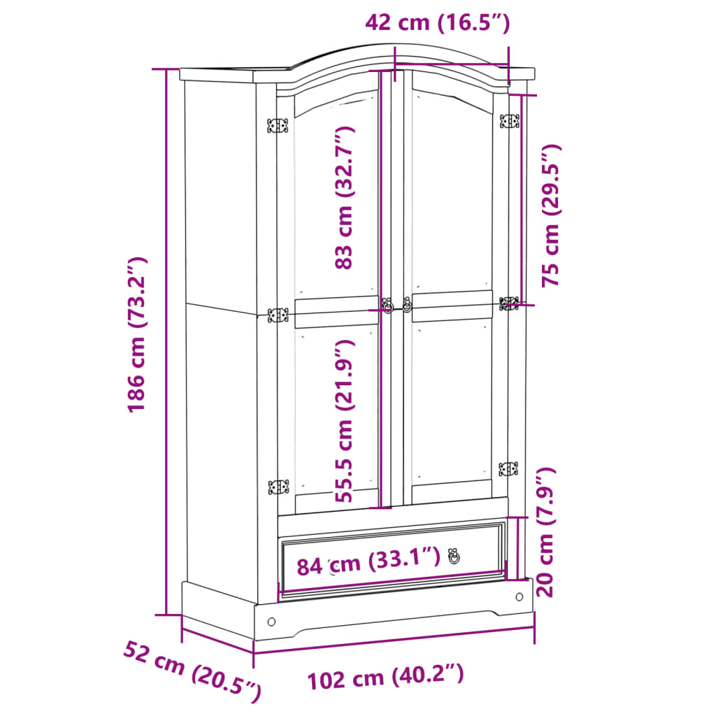 Kledingkast Corona wit 102x52x186 cm massief grenenhout - AllerleiShop