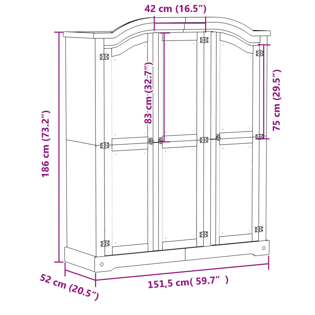 Kledingkast Corona 151,5x52x186 cm massief grenenhout - AllerleiShop