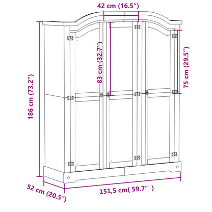 Kledingkast Corona 151,5x52x186 cm massief grenenhout - AllerleiShop