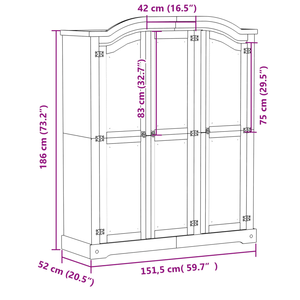 Kledingkast Corona wit 151,5x52x186 cm massief grenenhout - AllerleiShop