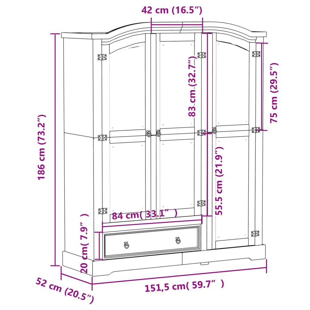 Kledingkast Corona wit 151,5x52x186 cm massief grenenhout - AllerleiShop