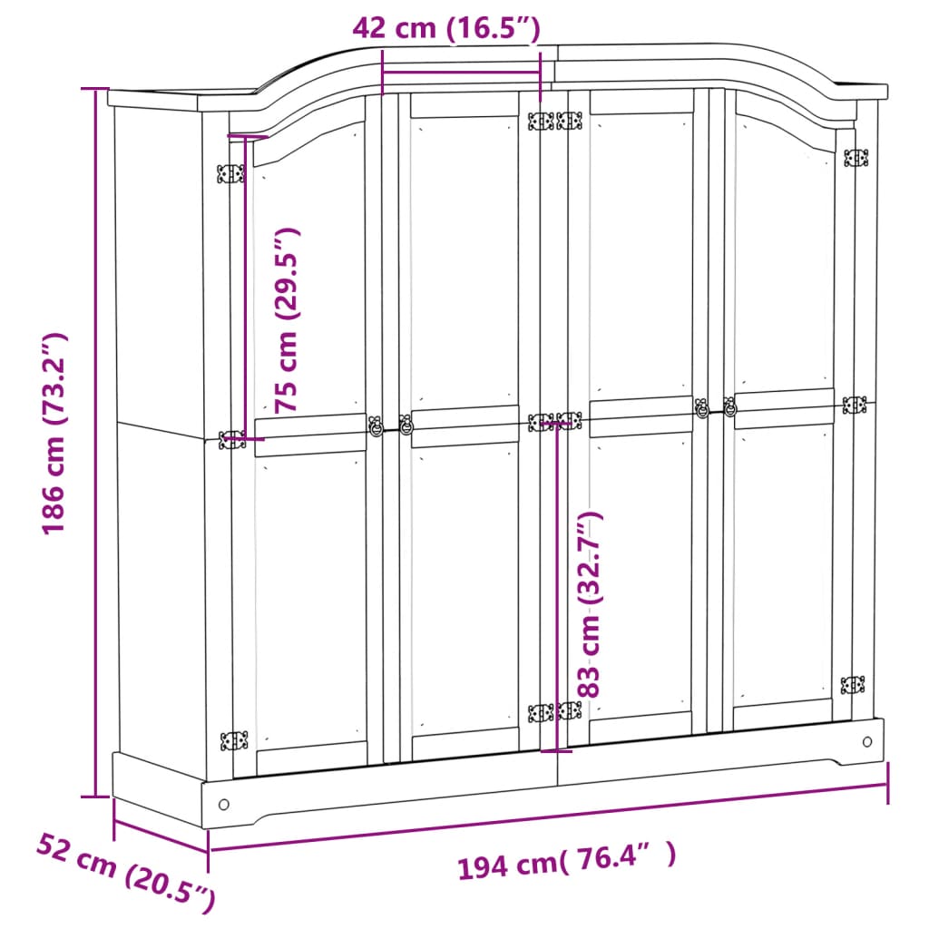 Kledingkast Corona 194x52x186 cm massief grenenhout - AllerleiShop