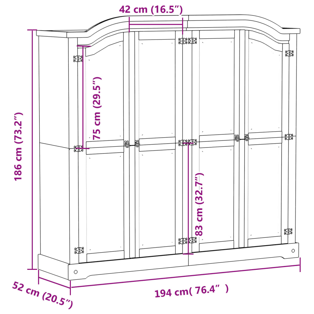 Kledingkast Corona wit 194x52x186 cm massief grenenhout - AllerleiShop