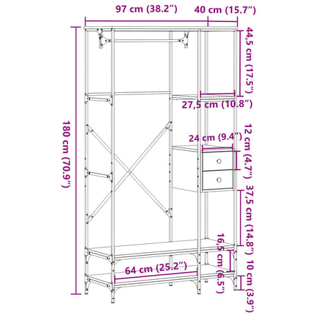 Kledingrek met schappen bewerkt hout zwart - AllerleiShop