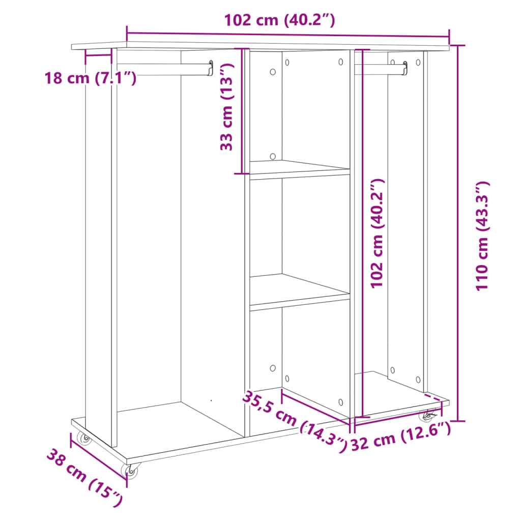 Kledingkast met wielen 102x38x110 cm bewerkt hout wit - AllerleiShop