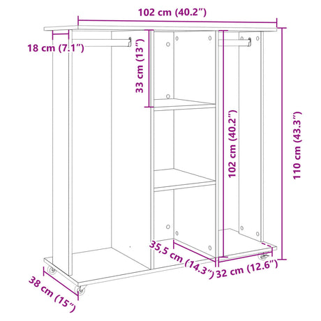 Kledingkast met wielen 102x38x110 cm bewerkt hout betongrijs - AllerleiShop