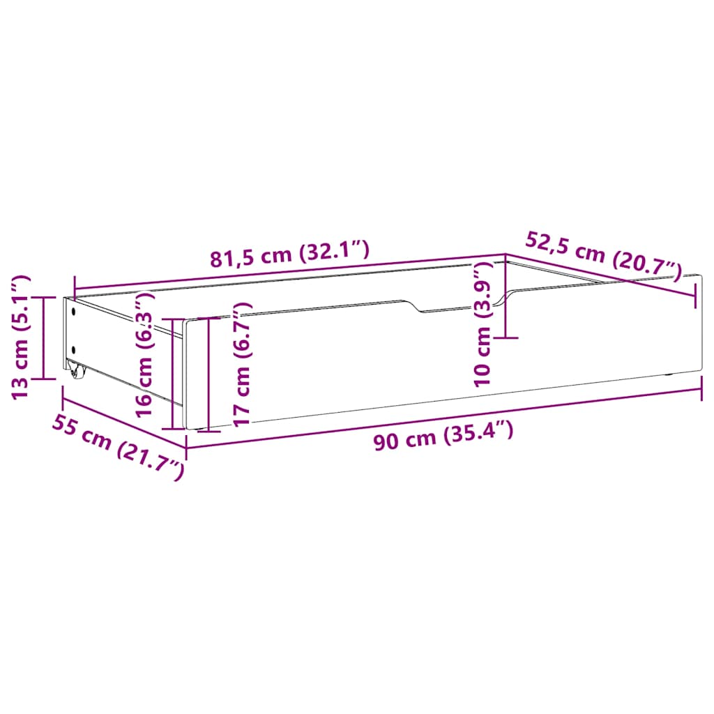 Bedlades 2 st met wieltjes 90x55x16 cm massief grenenhout