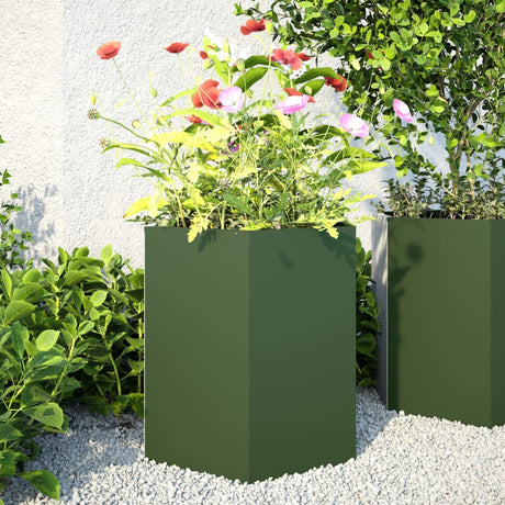 Plantenbakken 2 st zeshoek 46x40x45 cm staal olijfgroen - AllerleiShop