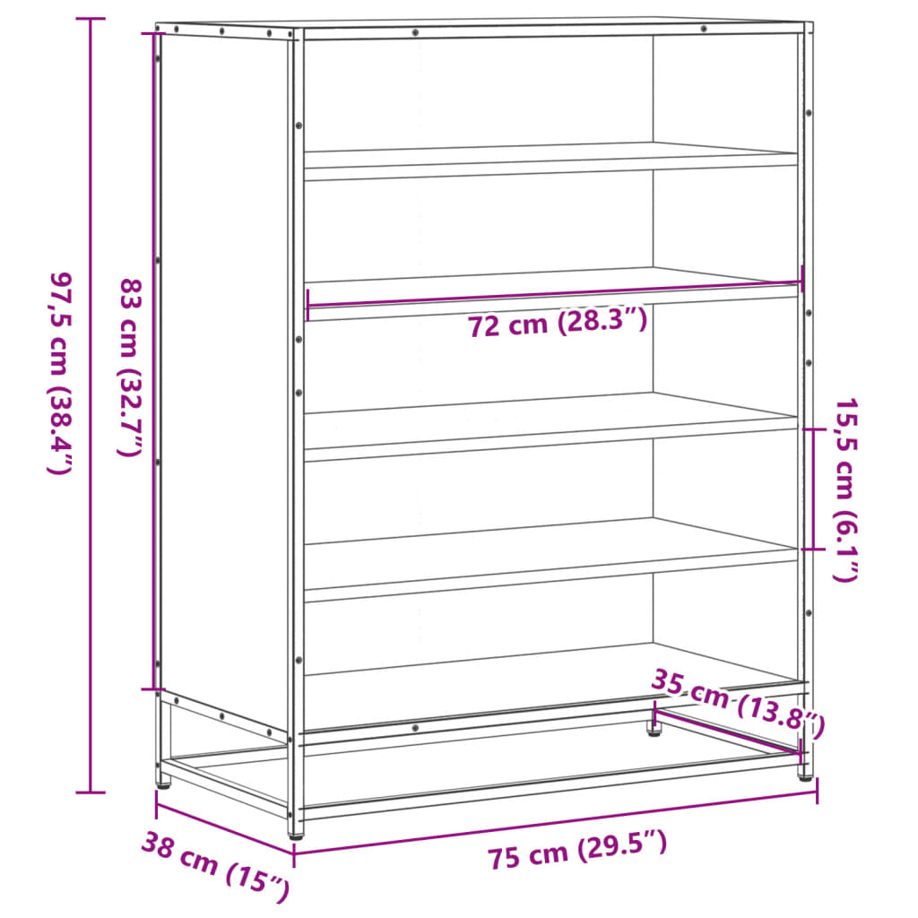 Schoenenkast 75x38x97,5 cm bewerkt hout en metaal sonoma eiken - AllerleiShop