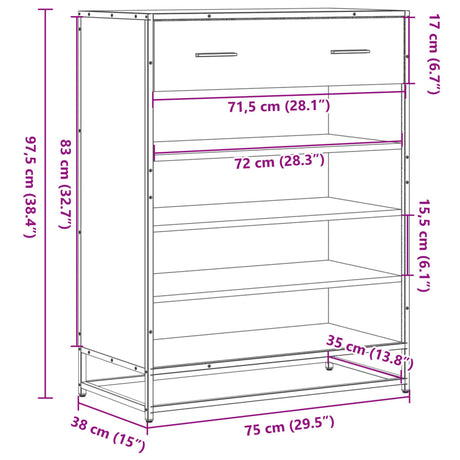 Schoenenkast 75x38x97,5 cm bewerkt hout en metaal gerookt eiken - AllerleiShop