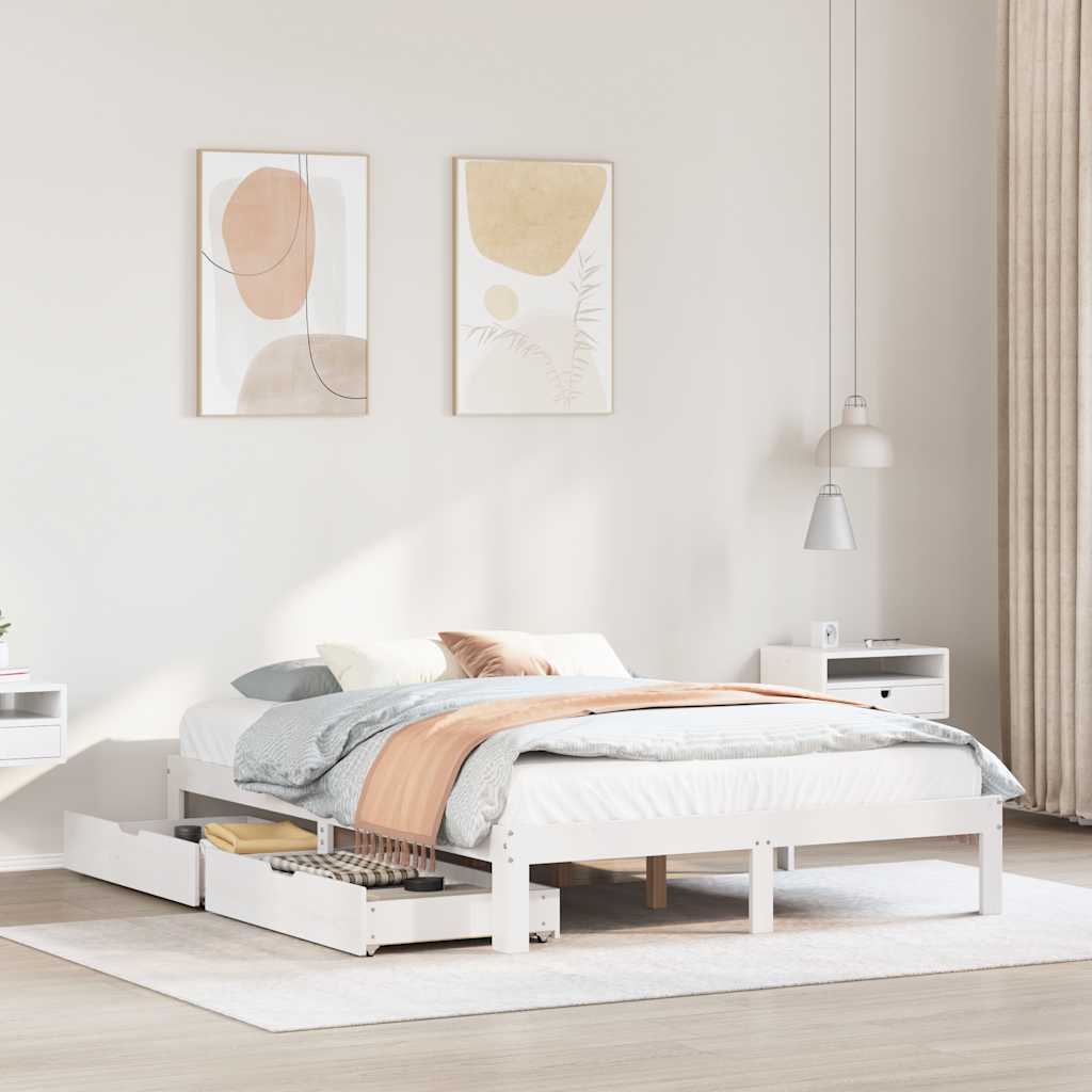 Bedframe met lades massief grenenhout wit 140x200 cm
