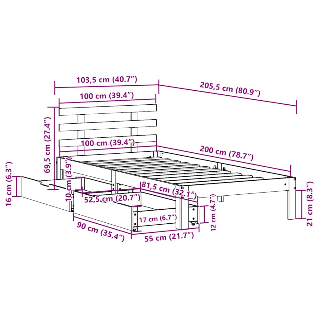 Bedframe met lades massief grenenhout wit 100x200 cm