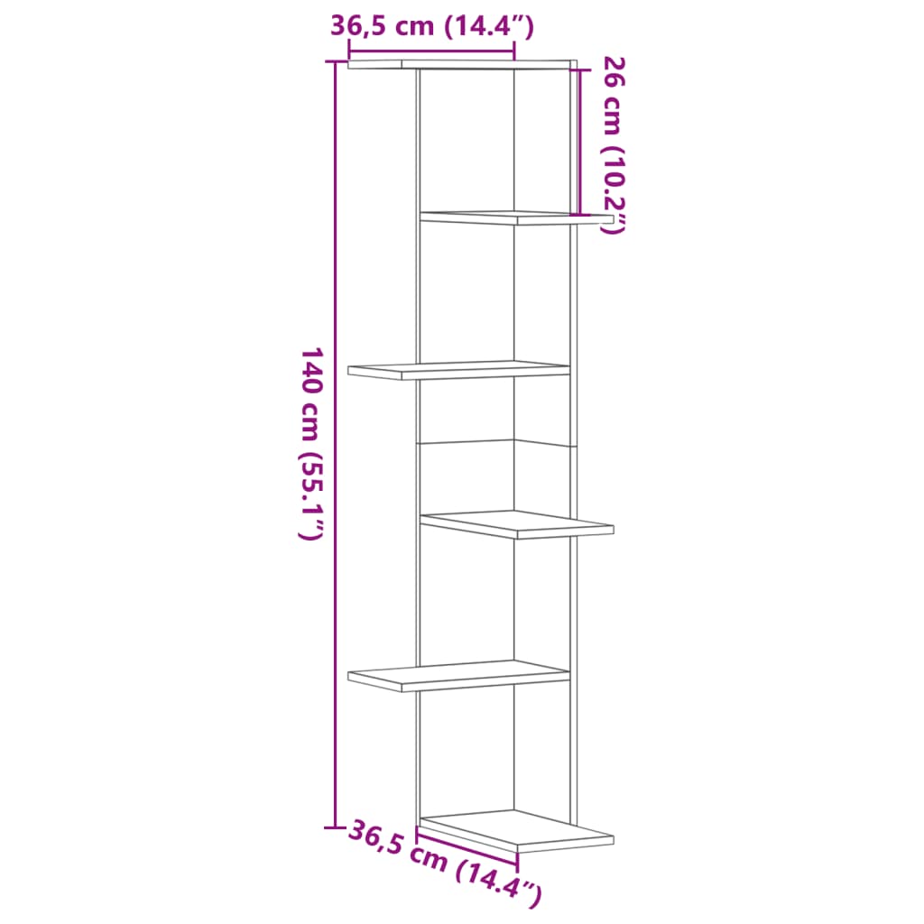 Hoekwandschap 36,5x36,5x140 cm bewerkt hout wit - AllerleiShop