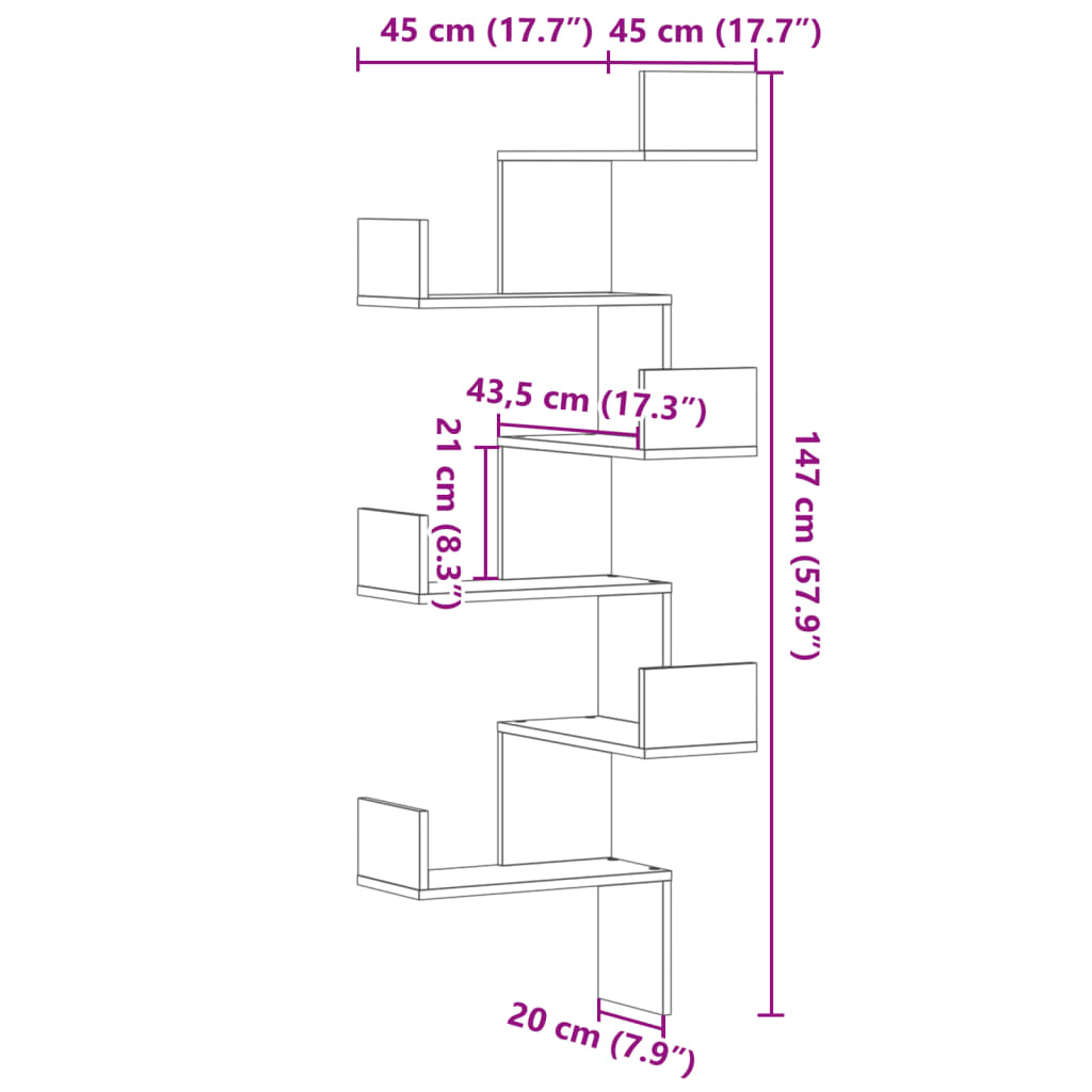 Hoekwandschap 45x45x147 cm bewerkt hout wit - AllerleiShop