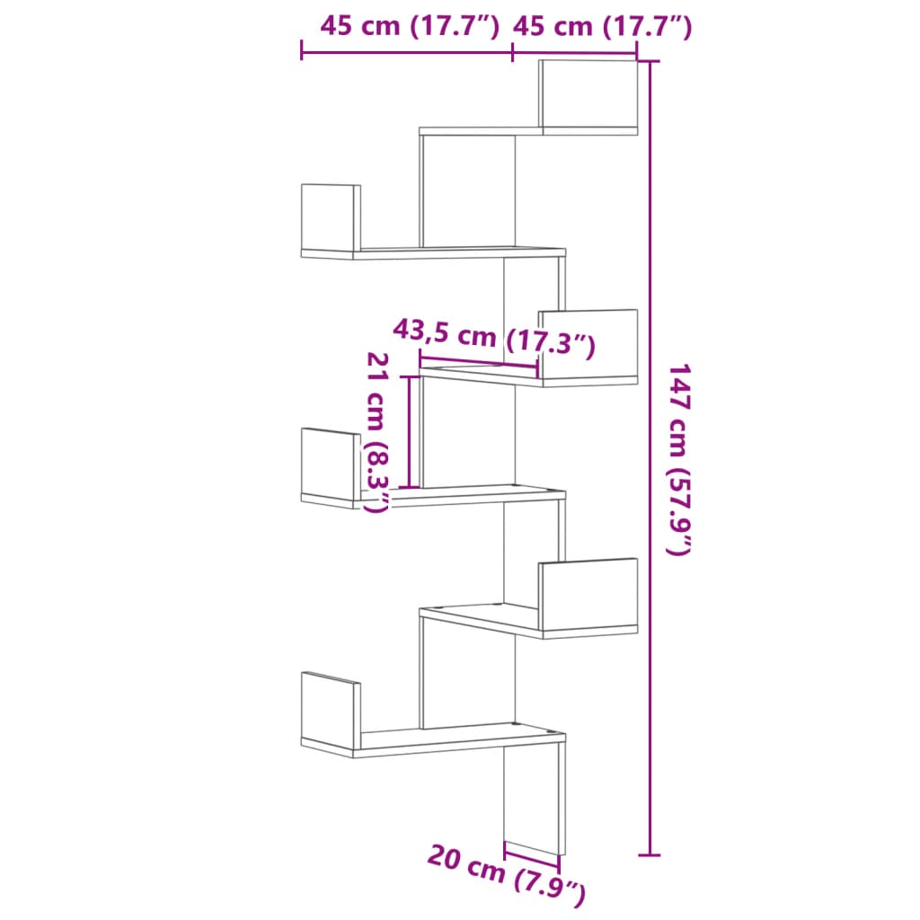 Hoekwandschap 45x45x147 cm bewerkt hout zwart - AllerleiShop