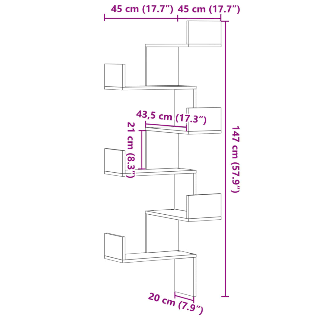 Hoekwandschap 45x45x147 cm bewerkt hout betongrijs - AllerleiShop