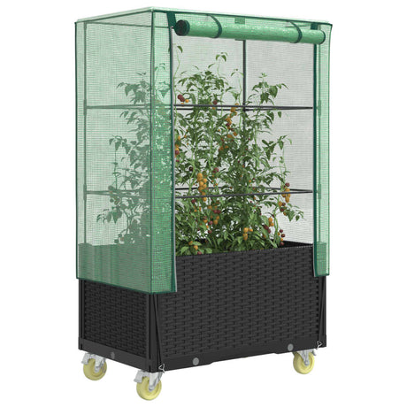 Plantenbak verhoogd met hoes en wielen 80x50x182 cm rattanlook - AllerleiShop