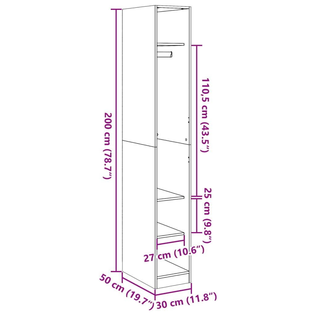 Kledingkast 30x50x200 cm bewerkt hout betongrijs - AllerleiShop