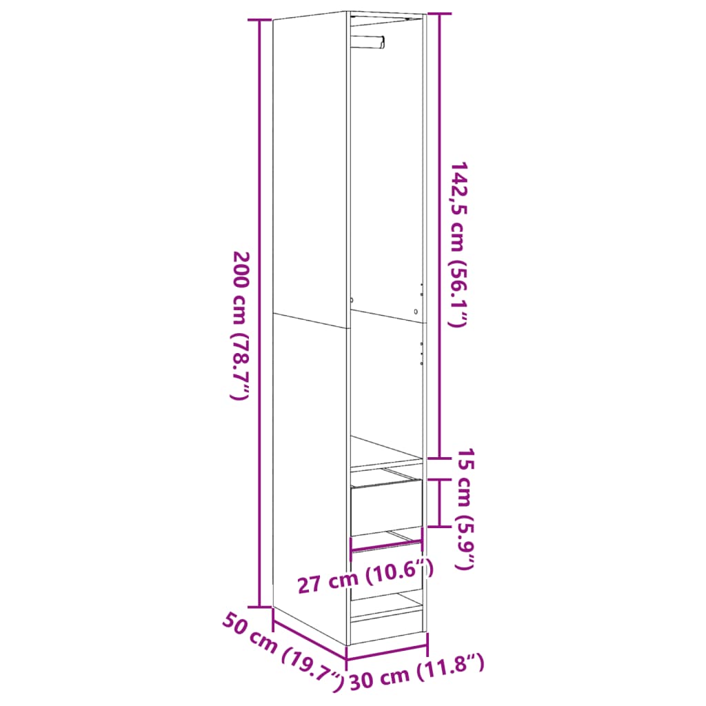 Kledingkast 30x50x200 cm bewerkt hout wit - AllerleiShop