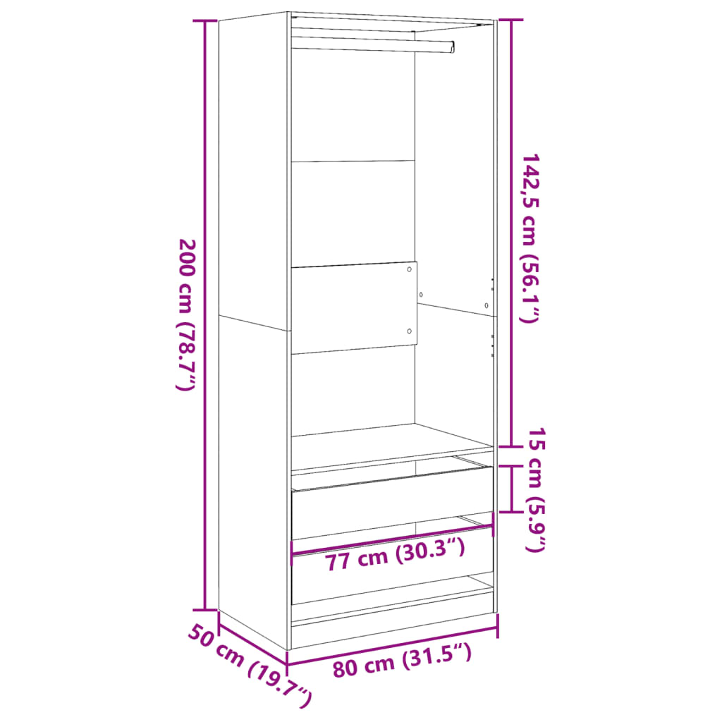 Kledingkast 80x50x200 cm bewerkt hout wit - AllerleiShop