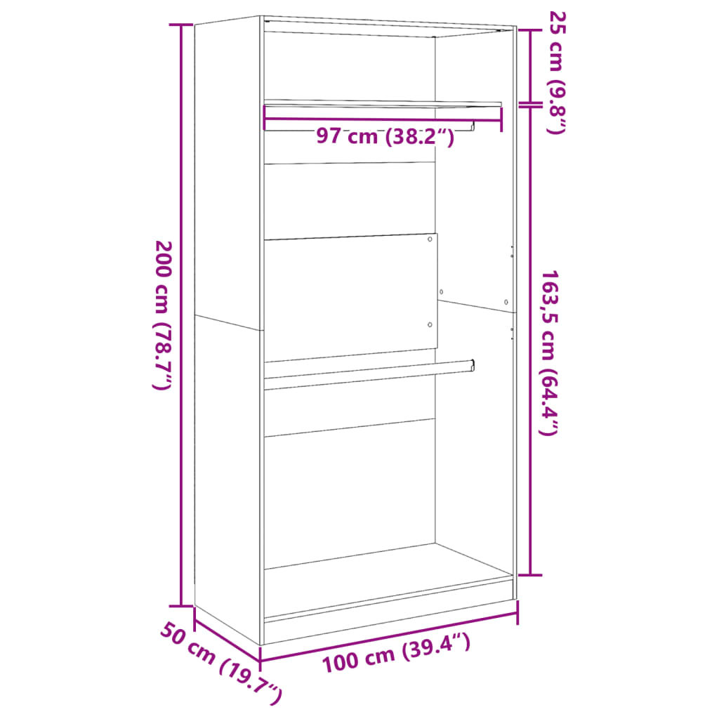 Kledingkast 100x50x200 cm bewerkt hout betongrijs - AllerleiShop