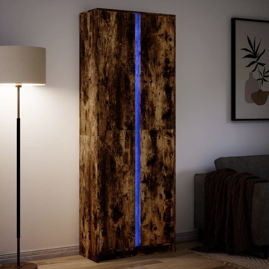 Hoge kast met LED 74x32,5x200 cm bewerkt hout gerookt eiken - AllerleiShop