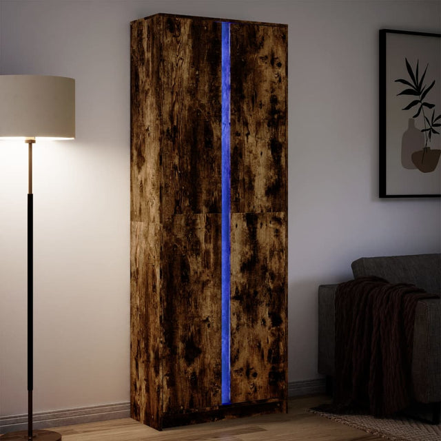 Hoge kast met LED 74x32,5x200 cm bewerkt hout gerookt eiken - AllerleiShop