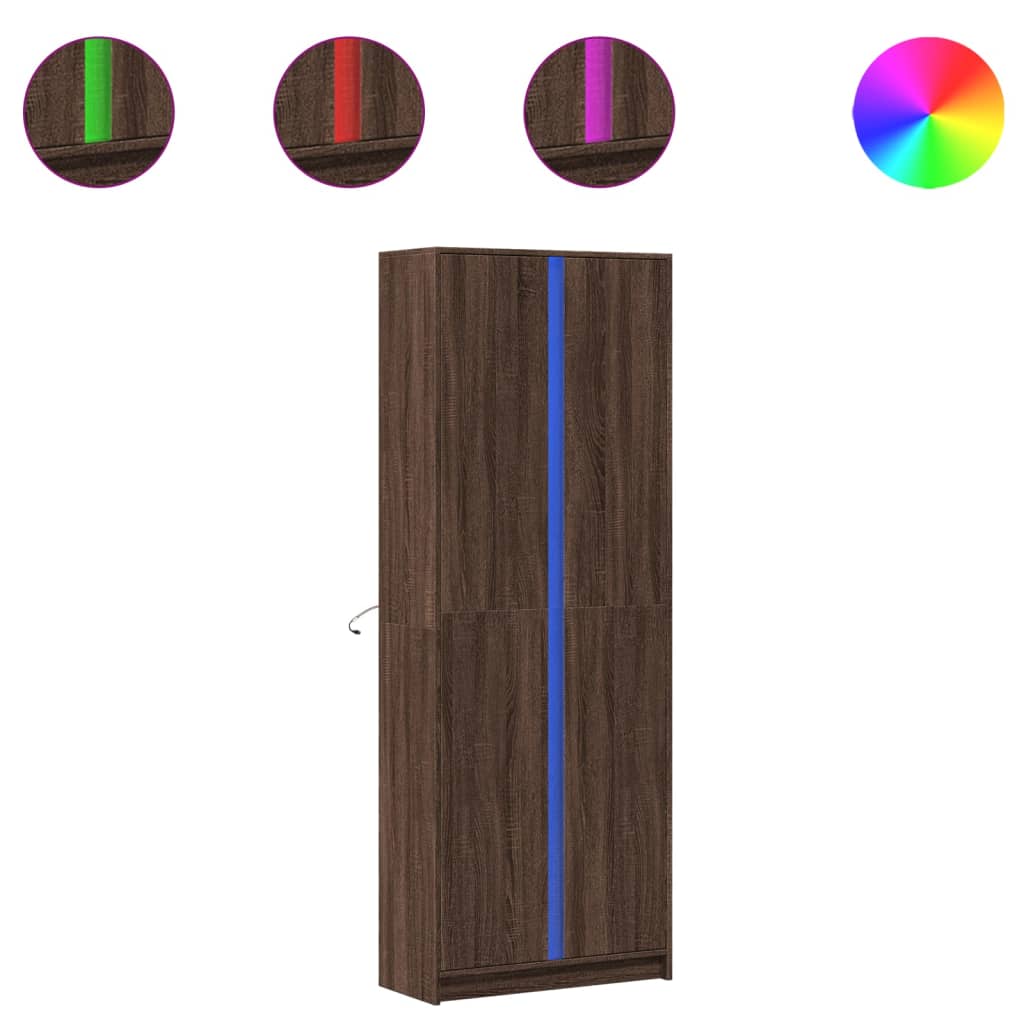 Hoge kast met LED 74x32,5x200 cm bewerkt hout bruin eikenkleur - AllerleiShop