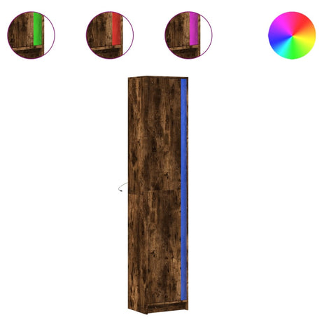 Hoge kast met LED 41,5x32,5x200 cm bewerkt hout gerookt eiken - AllerleiShop