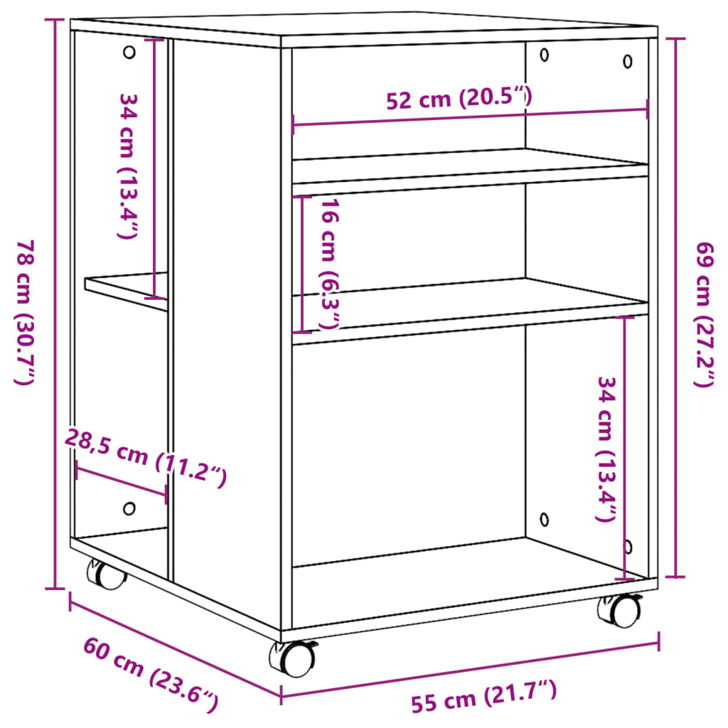 Bijzettafel met wieltjes 55x60x78 cm hout gerookt eikenkleurig - AllerleiShop