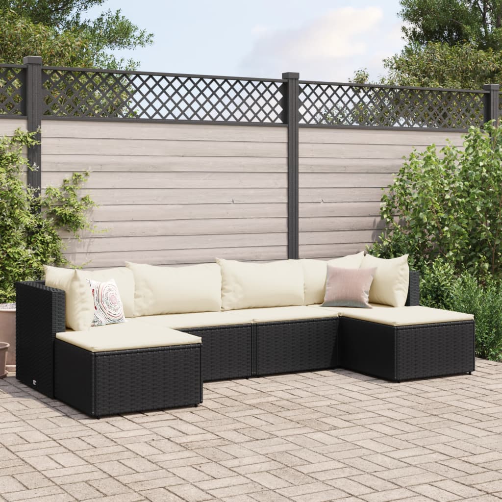 6-delige Loungeset met kussens poly rattan zwart - AllerleiShop
